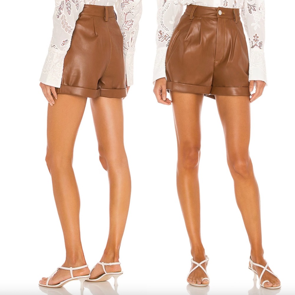 DIVINE HERITAGE x REVOLVE Cuffed Pleated Vegan Leather Shorts in Saddle